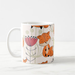 Caneca De Café Raposa de animação, flores: padrão desenhado manua
