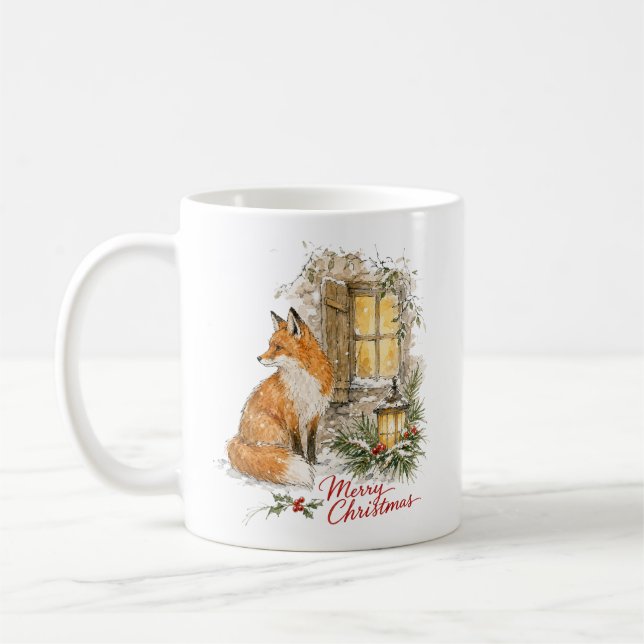 Caneca De Café Raposa de Natal em Aquarela com Lanterna (Esquerda)