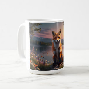 Caneca De Café Raposa sentada ao lado do lago no pôr do sol.
