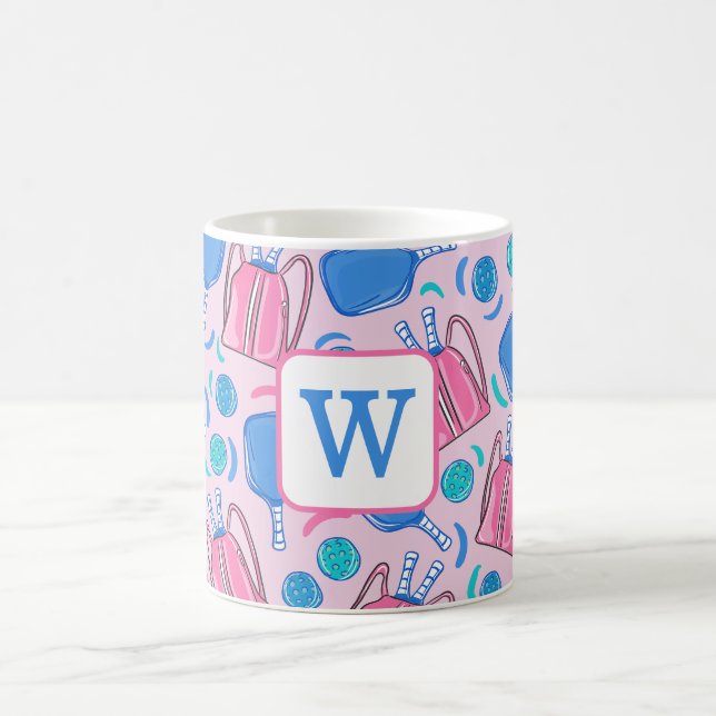 Caneca De Café Raque de Pickleball Monograma e Bolas Rosa Preppy  (Centro)