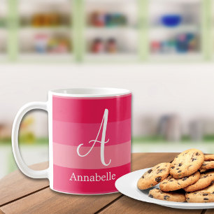 Caneca De Café Raspberry Pink Strips Nome do Monograma Personaliz