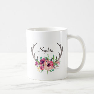 Caneca De Café Rastreador de Barras Rústicas Boho Floral com Mono