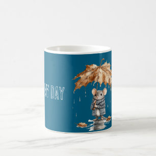 Caneca De Café Rato de Guarda-Chuva de Folha em Dia Chuvoso Azul