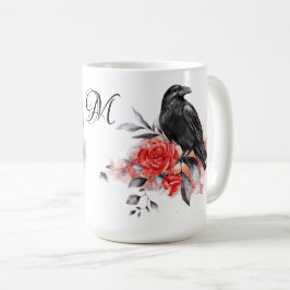 Caneca De Café Raven Gothic Rosas Watercolor Fantasy Art Monogram