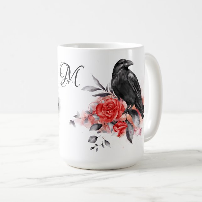 Caneca De Café Raven Gothic Rosas Watercolor Fantasy Art Monogram (Frente Esquerda)