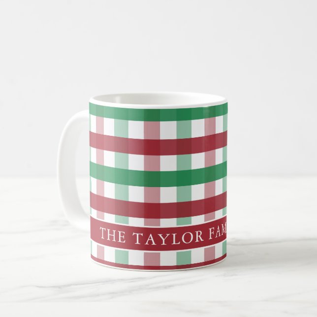 Caneca De Café Red and Green Gingham Plaid Farmhouse Family Name (Frente Esquerda)
