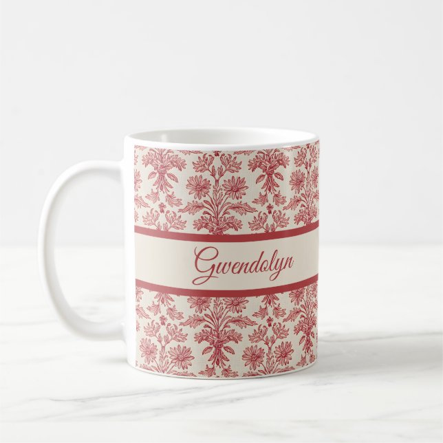 Caneca De Café Red and Ivory Floral Toille Pattern with Name (Esquerda)