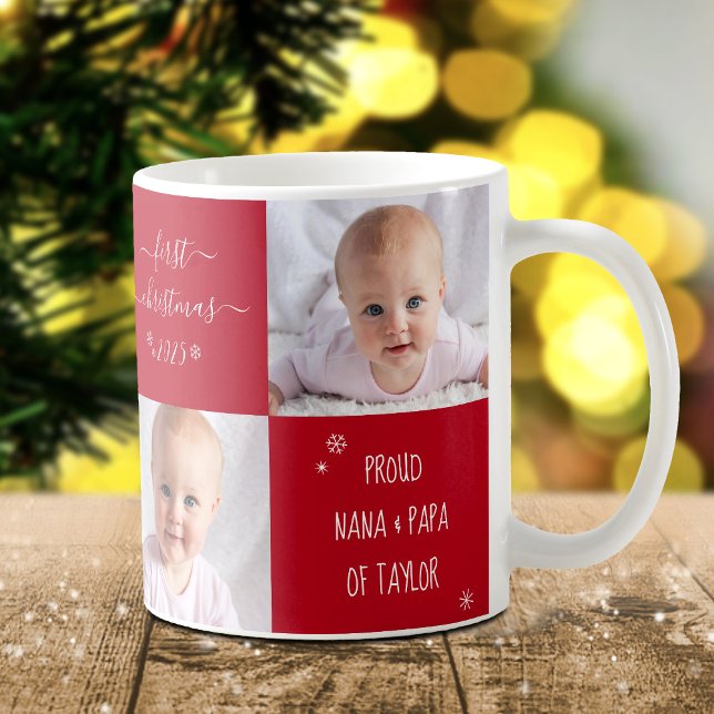 Caneca De Café Red Baby First Christmas Avós 2 Photo Name (Criador carregado)