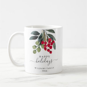 Caneca De Café Red Berries Greenery Feliz Feriados Personalizados