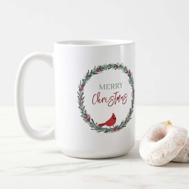 Caneca De Café Red Berries Wreath and Red Cardinal Christmas  (Com Donut)