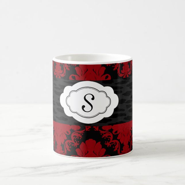 Caneca De Café Red Black Damask Custom Name Coffee Mug (Centro)