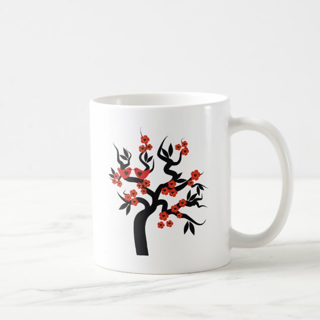 Caneca De Café Red Black Love bird sakura cherry tree & Blossoms (Direita)