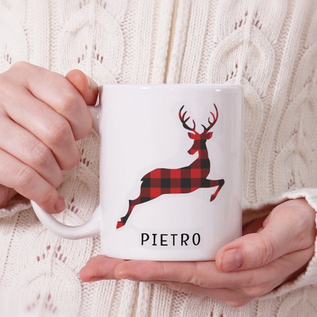 Caneca De Café Red Buffalo Xadrez Reindet Monograma de Natal (Criador carregado)