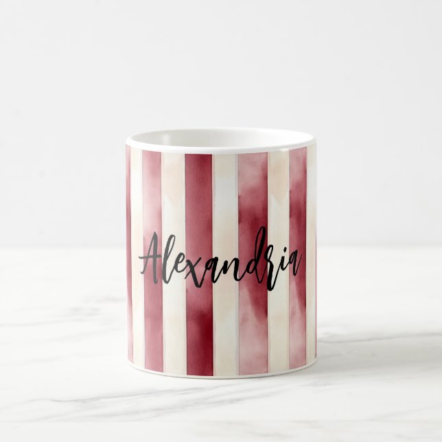 Caneca De Café Red Burgundy Cream Stripes Christmas (Centro)