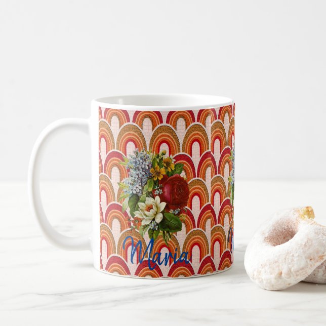 Caneca De Café Red Floral Stripe Mug (Com Donut)