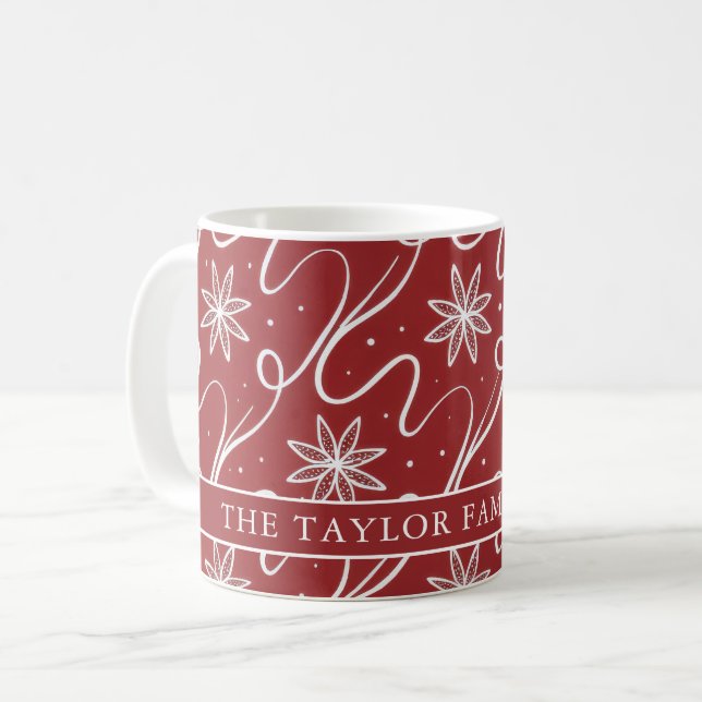 Caneca De Café Red Floral Swirl Christmas Family Name (Frente Esquerda)