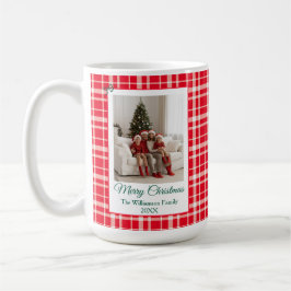 Caneca De Café Red Gingham Xadrez Feliz Foto de Natal