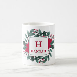 Caneca De Café Red Green Floral Elegante Monograma Nome Natal
