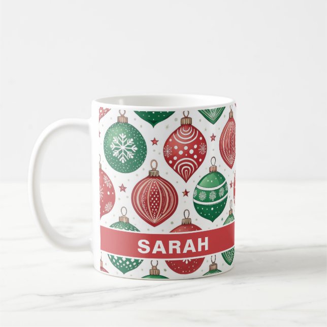 Caneca De Café Red & Green Ornaments Stars Christmas (Esquerda)