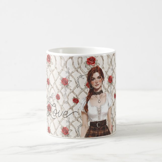 Caneca De Café Red Hair Female Roses Faux Wood Floral Love (Centro)
