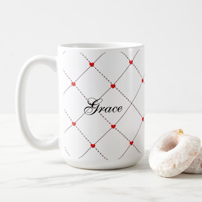 Caneca De Café Red Heart Lattice Pattern Name & message Design (Com Donut)