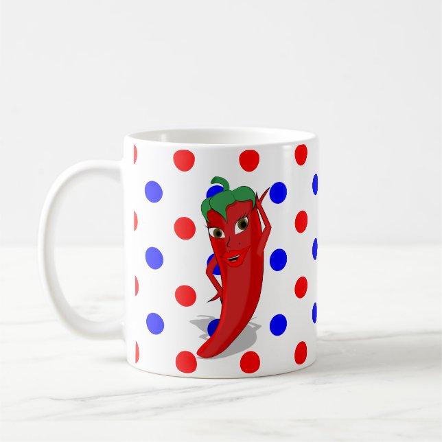 Caneca De Café Red Hot Pepper Diva Red Blue Bolinhas Coffee Mug (Esquerda)