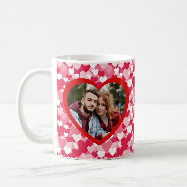Caneca De Café Red & Pink Heart Pattern Two Photo Personalized  (Esquerda)