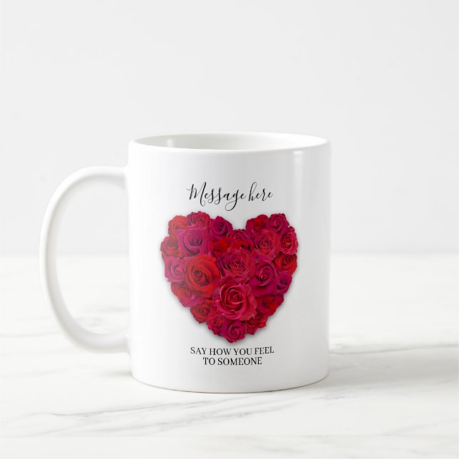 Caneca De Café Red Rose Heart Romantic Floral Custom Text (Esquerda)