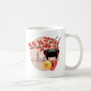 Caneca De Café Red Sakura Kokeshi Doll - Geisha Japonês