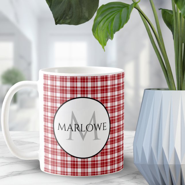 Caneca De Café Red White Checks Monograma de Xadrez (Red White Checks Plaid Monogram Coffee Mug)