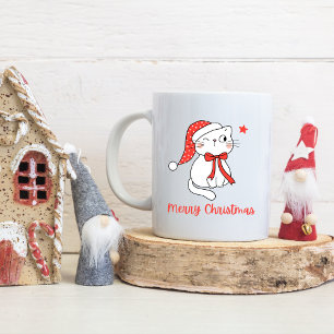 Caneca De Café Red & White Cute Cat Nome Personalizado Feliz Nata