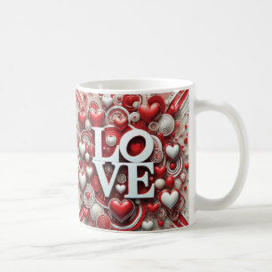 Caneca De Café Red White Hearts Love Typografia Dia de os namorad
