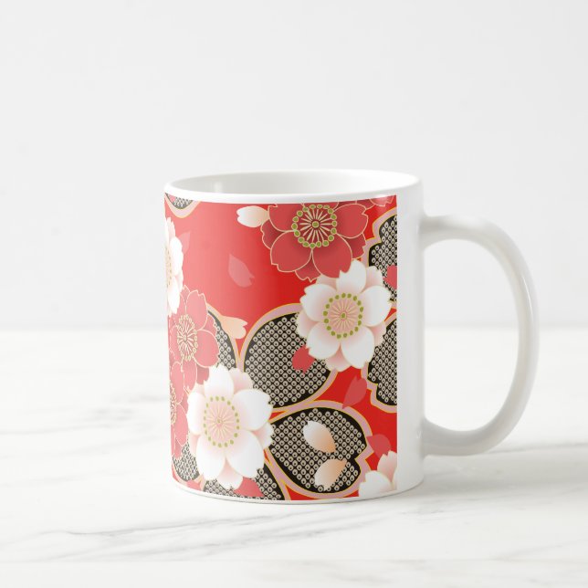 Caneca De Café Red & White Sakura Japan Kimono (Direita)
