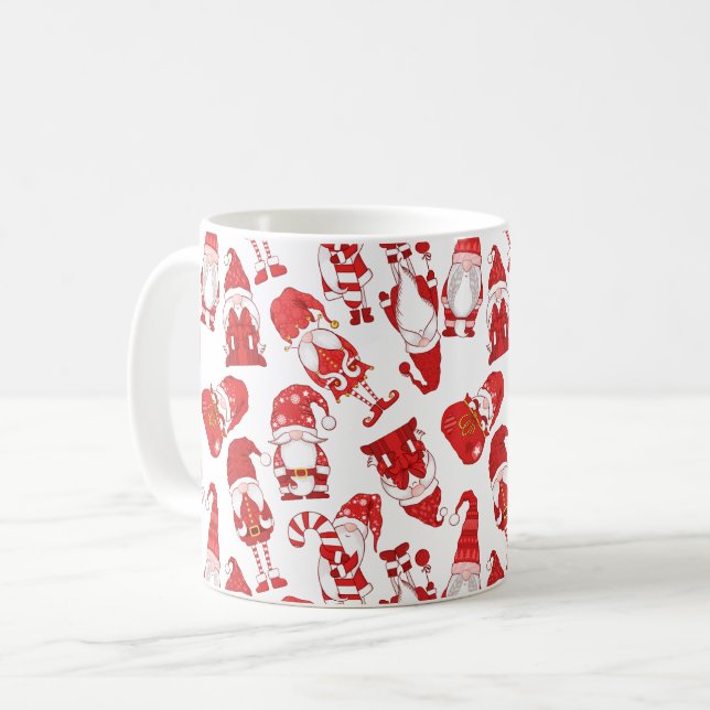 Caneca De Café Red & White Whimsical Christmas Gnome Pattern (Frente Esquerda)