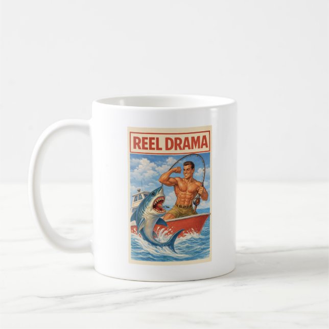 Caneca De Café Reel Drama Shark Fisherman | Funny Retro Fishing (Esquerda)