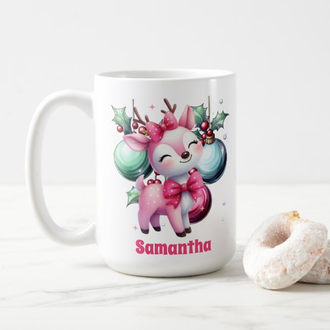 Caneca De Café Reena de Natal rosa - Mug de Nome Personalizado (Com Donut)