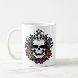 Caneca De Café Regal Skull with Crown and Colorful Roses