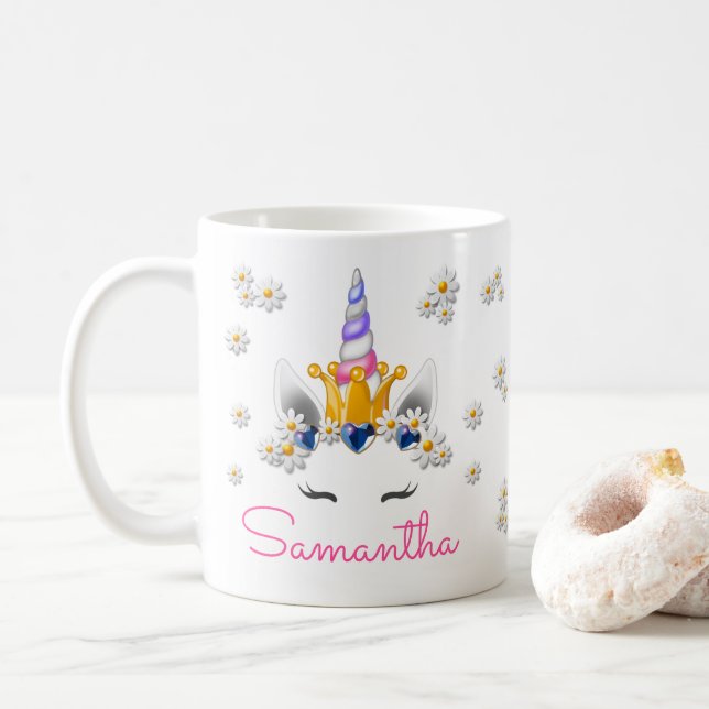 Caneca De Café Regal Unicorn Princess Crown Rhinestones & Daisies (Com Donut)