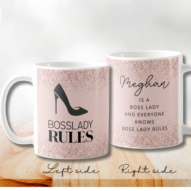 Caneca De Café Regras de Dama do Chefe da Leve Personalizadas (Blush Glitter Boss Lady Rules Stiletto Logo  Personalized Coffee Mug)