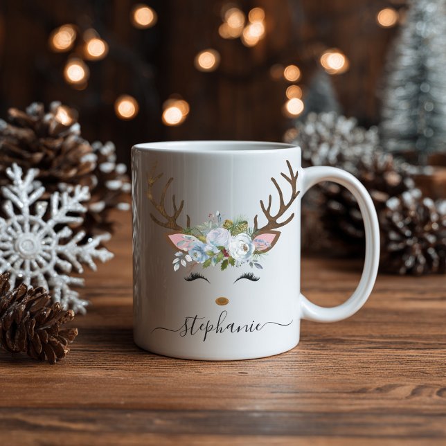 Caneca De Café Reindeer Feriado Feriado Personalizado (Personalized Christmas Reindeer Holiday Floral Coffee Mug)