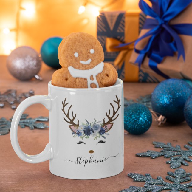 Caneca De Café Reindeer Feriado Feriado Personalizado (Christmas Holiday Reindeer Floral Personalized Coffee Mug)