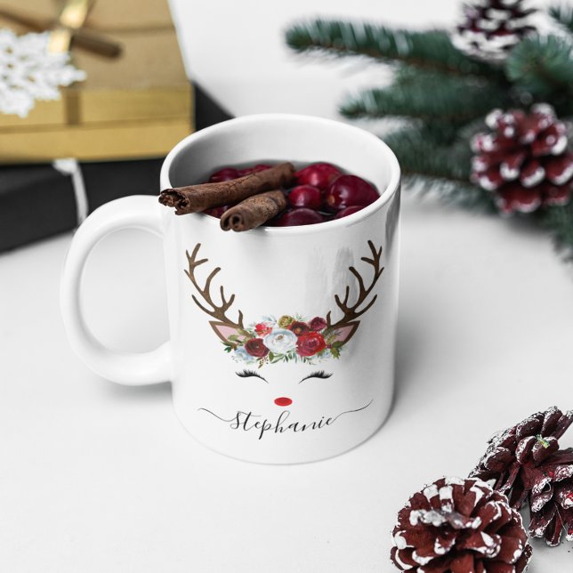 Caneca De Café Reindeer Feriado Feriado Personalizado (Christmas Holiday Reindeer Floral Personalized Coffee Mug)