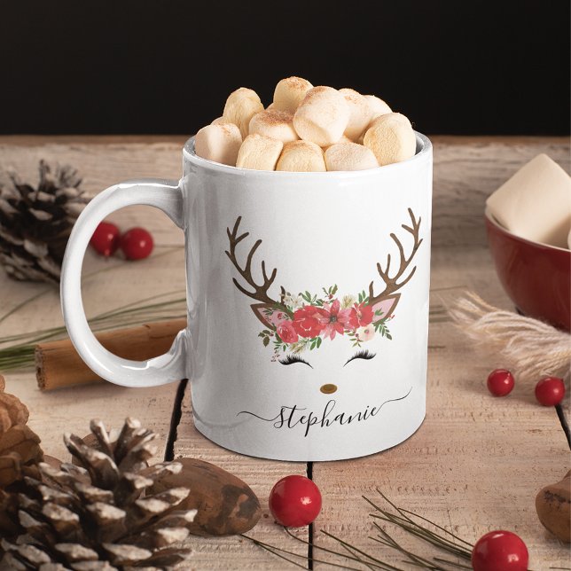 Caneca De Café Reindeer Floral Personalizado (Criador carregado)