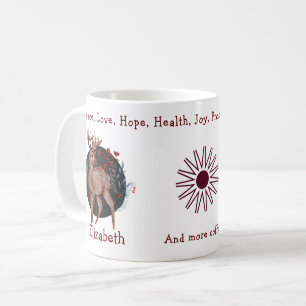 Caneca De Café Reindeer No Fundo Floral Azul. Único E Engraçado