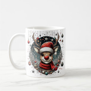 Caneca De Café Reindeer Red Nosed com Arte Santa Hat