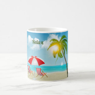 Caneca De Café Relaxe as cadeiras de praia tropical
