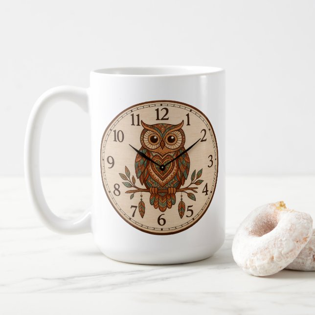 Caneca De Café Relógio de Parede Grande Coruja Boho (Com Donut)