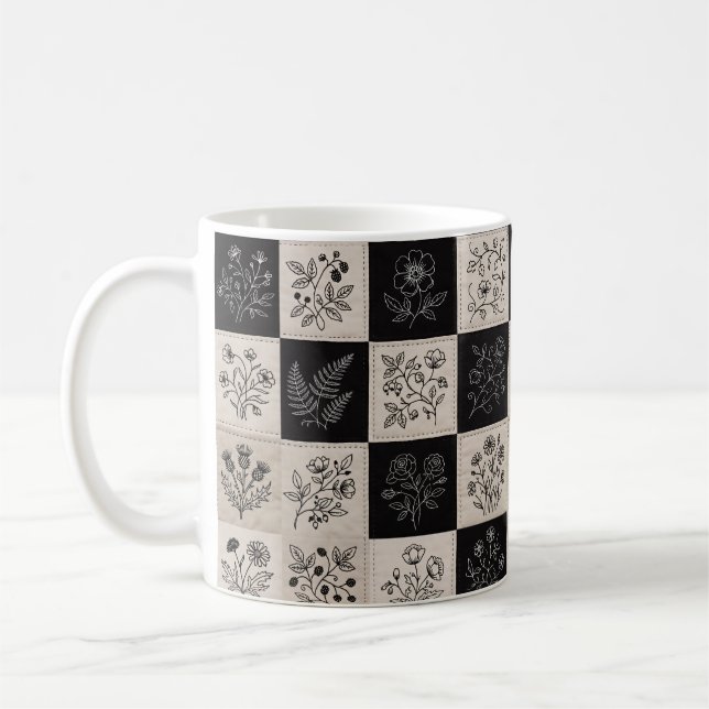 Caneca De Café Remendo Costurado de Couro Floral Botânico  (Esquerda)