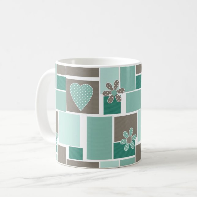 Caneca De Café Remendo de turquesa marrom de remendos quadrados (Frente Esquerda)