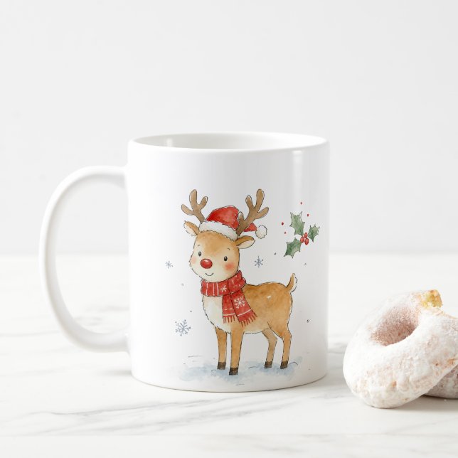 Caneca De Café Rena com Nariz Vermelho Fofo com Cachecol para o N (Com Donut)